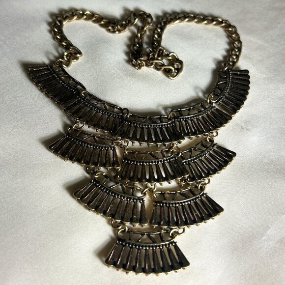 Golden Antique Brass Statement Fan Design Necklace Art Deco Unique Boho Y2K Vint - Picture 8 of 9
